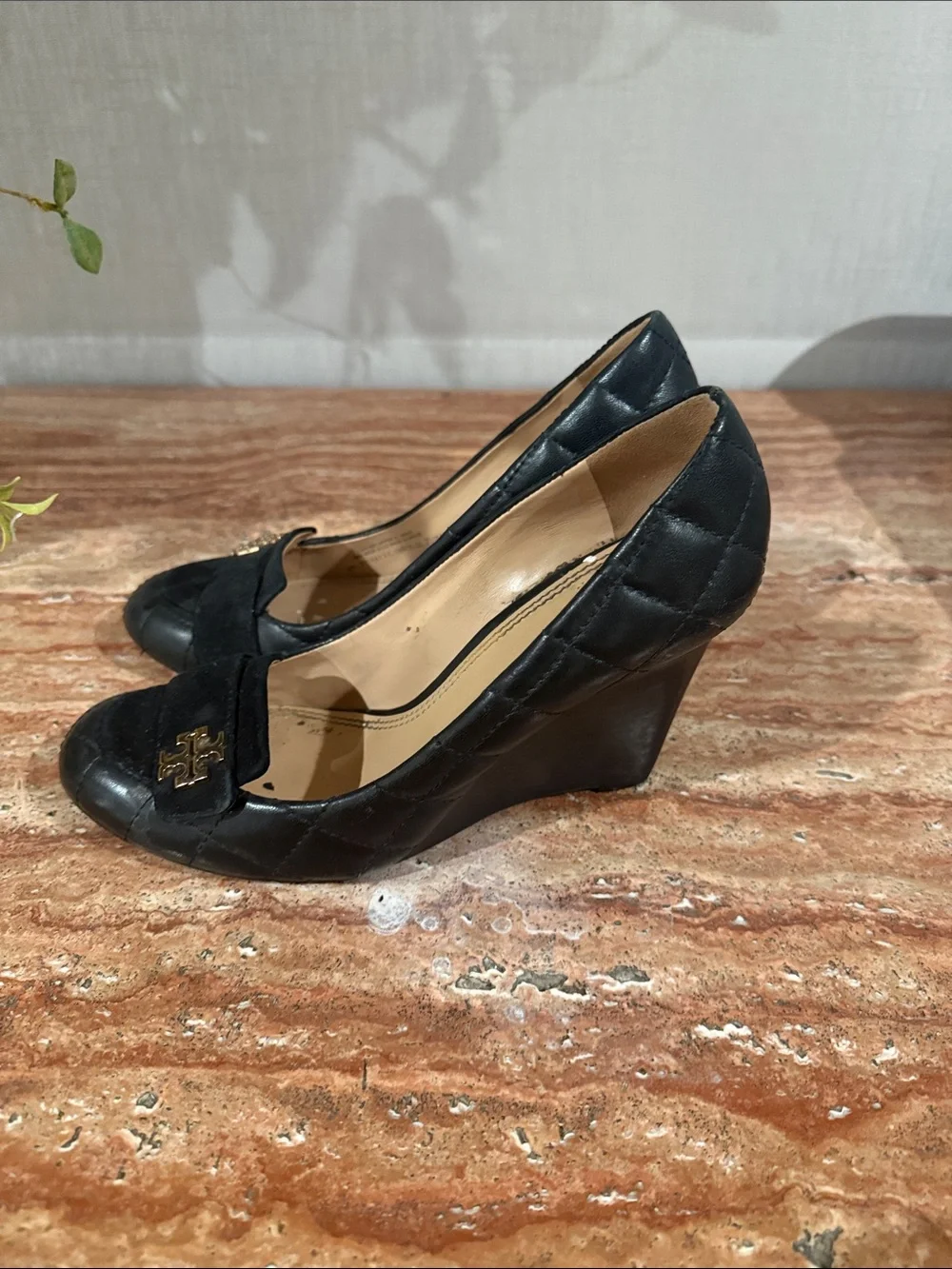 Tory Burch Black Suede & Leather Logo Pump with Gold Hardware